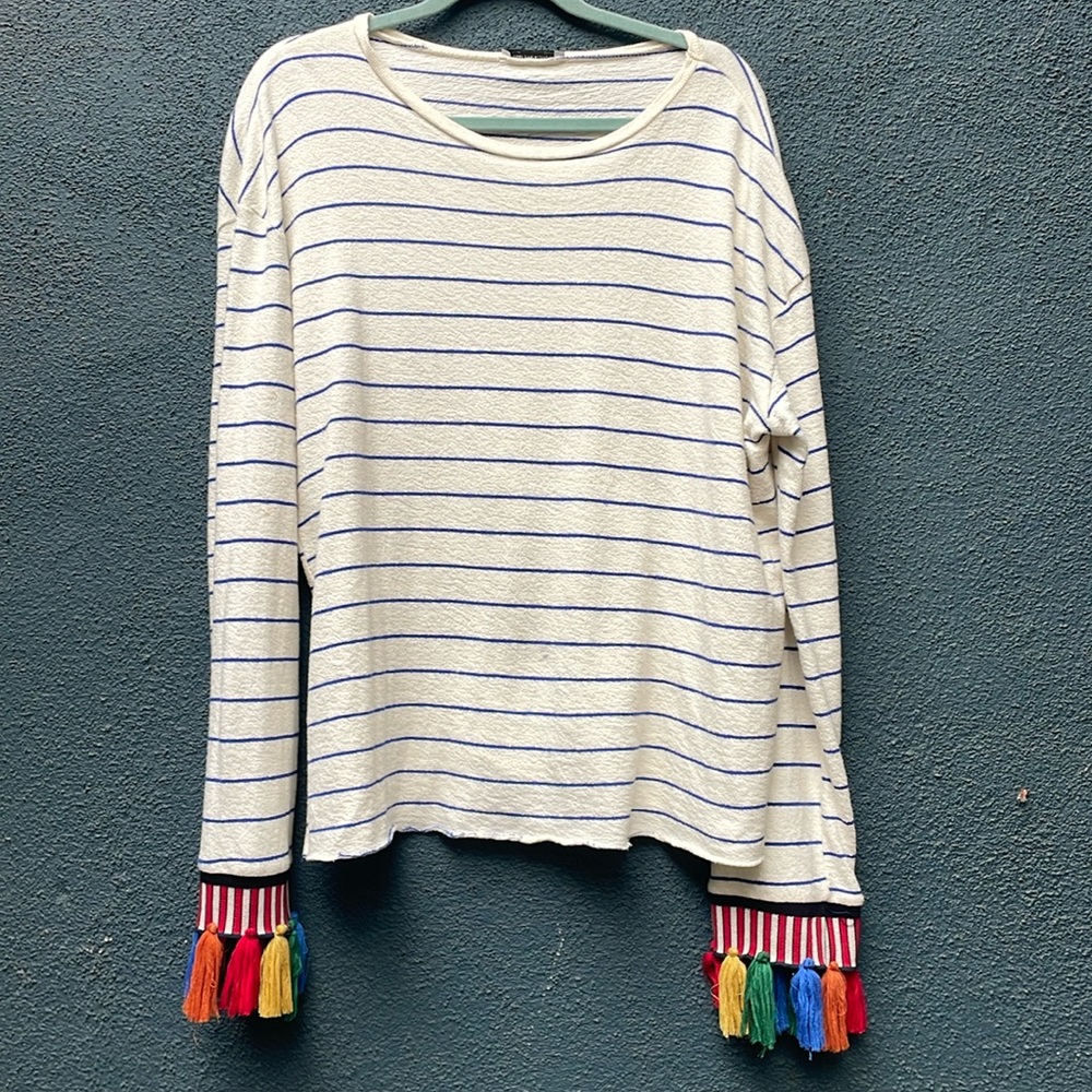 Zara striped sweater with colorful fringed sleeves